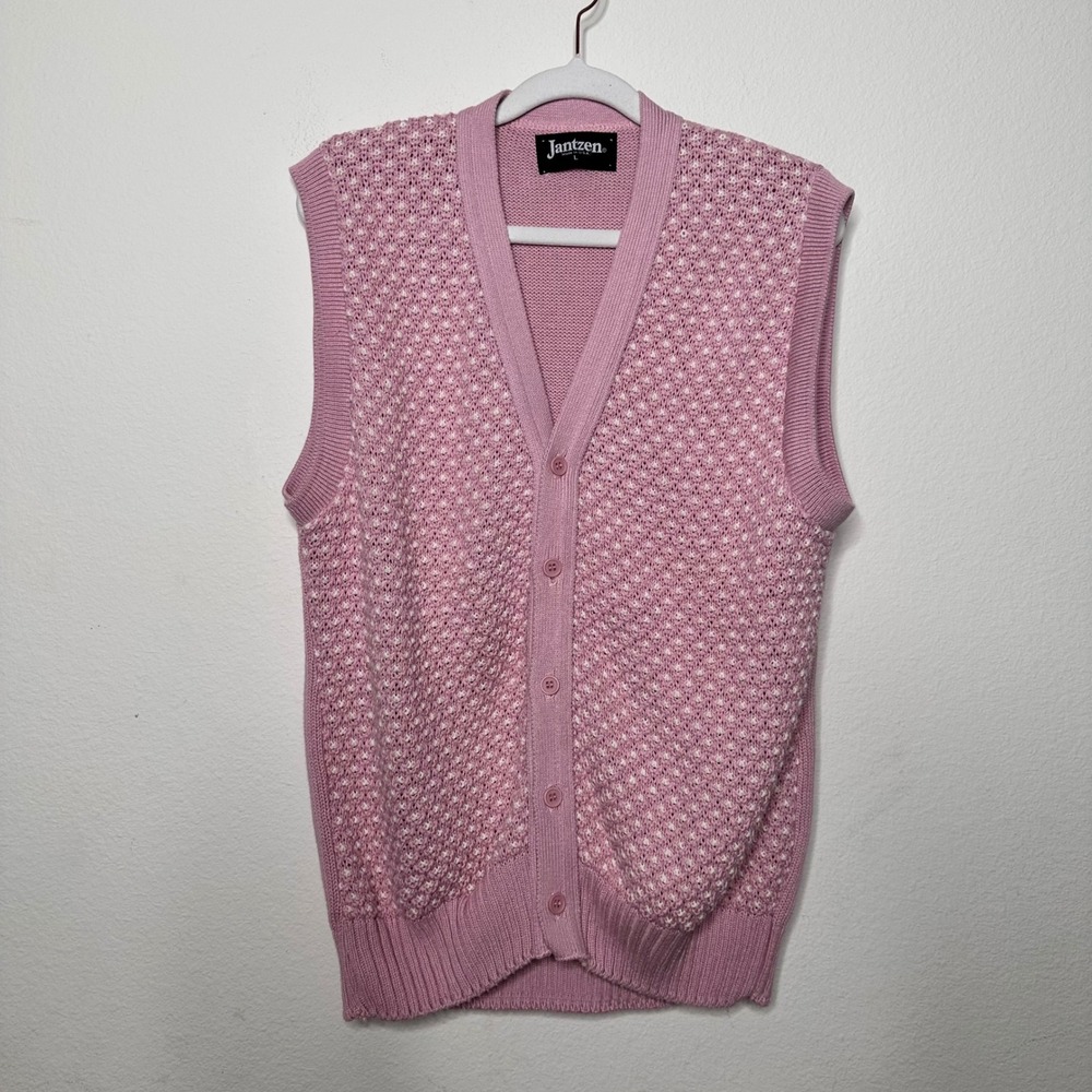 Jantzen Vintage Pink Knit Cardigan Vest Womens Large Cotton V-Neck‎ Made in USA